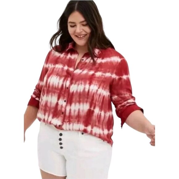 Torrid Lizzie Rayon Twill Button-Up Long Sleeve Shirt Cherry Red Size 4 (18/20) - Picture 1 of 16